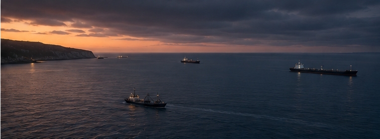 Vue aérienne au crépuscule d'un détroit très fréquenté, plusieurs navires en approche